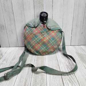 Vintage Girl Scout Aluminum Canteen Plaid Green Cover with Strap